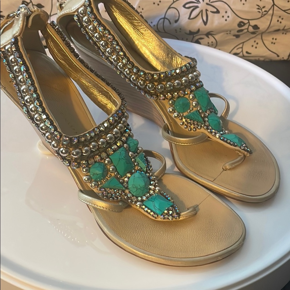 Giuseppe Zanotti Gold and Green Sandals with Crystal Embellishments